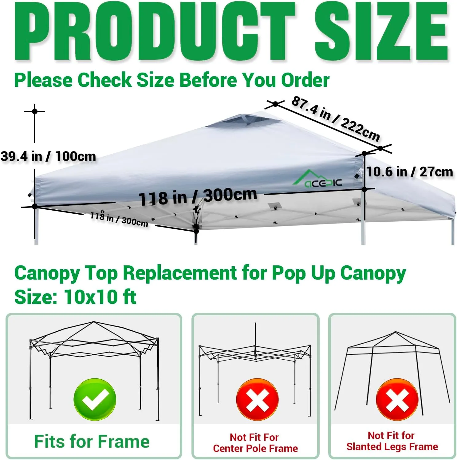 10x10 Canopy Replacement Top, Ez Up Canopy Tent Top Cover with Air Vent and Adjustable Elastic Strap,UV Waterproof for Outdoor Garden Patio Pavilion Sun Shade(Top Sidewall Only)