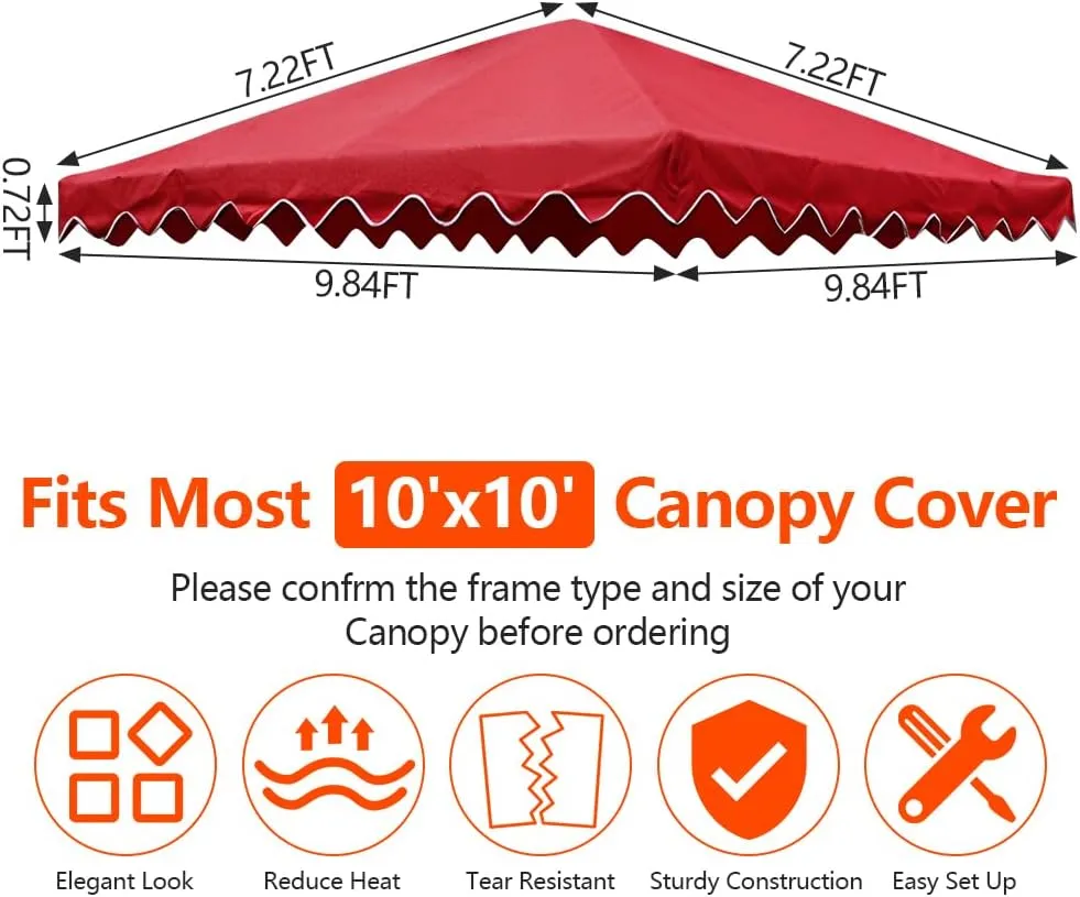 10'x10' Gazebo Canopy Replacement Top, Heavy-Duty Outdoor Waterproof Patio Cover, UV-Resistant Sun Shade Shelter for Deck, Garden, Backyard, BBQ Grill（Wavy Edge）