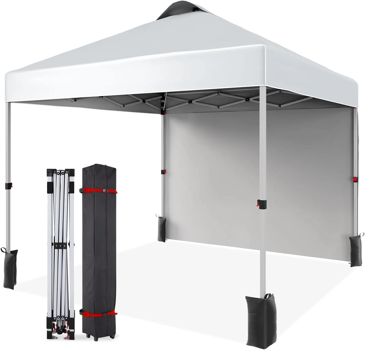 10x10 Pop Up Canopy Tent with One Side Walls, Commercial Instant Canopies Shelter, Includes Wheeled Carry Bag & 4 Sandbags,Portable Outdoor Sun Shade for Camping, Beach, Parties, Events,White