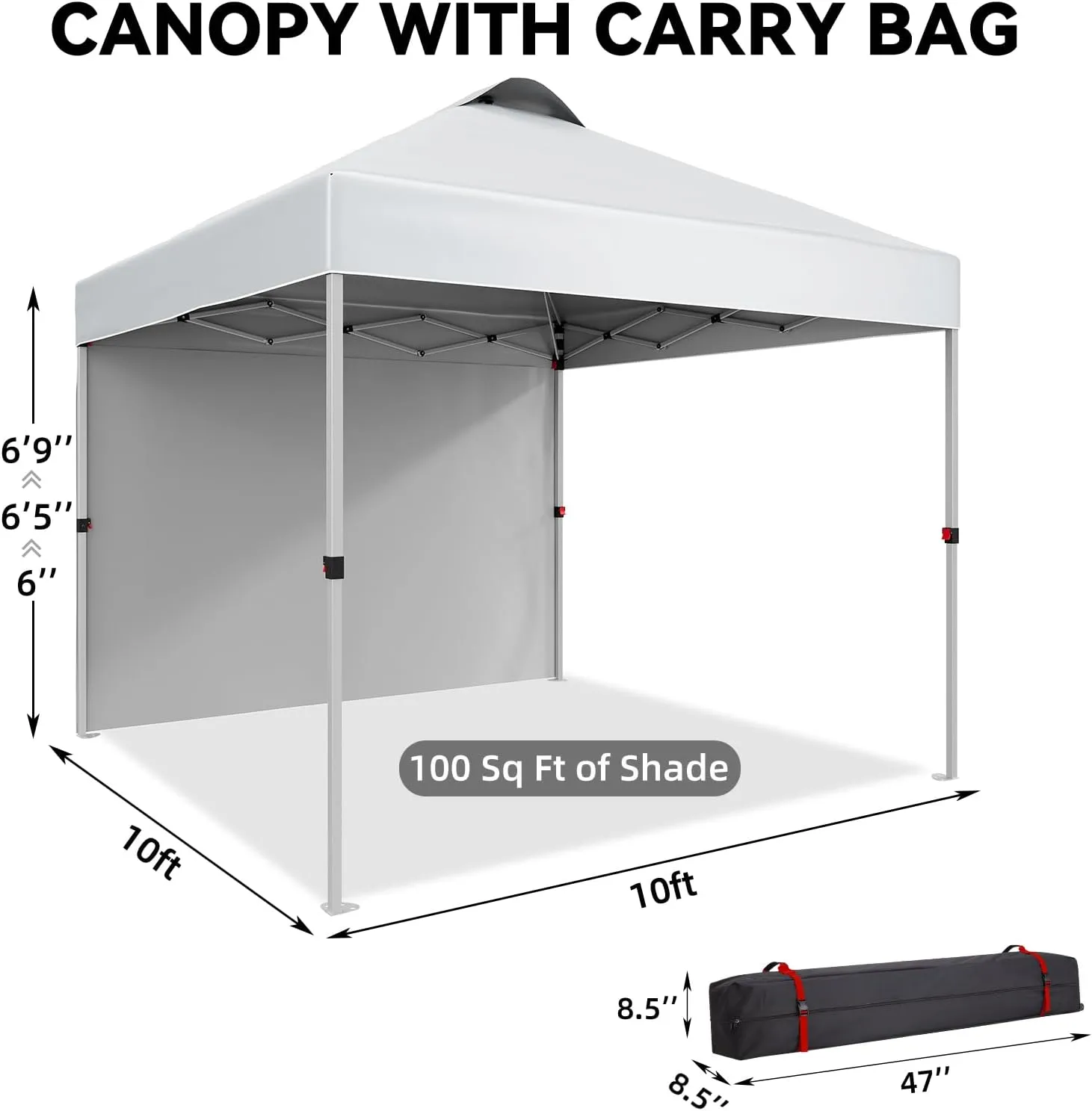 10x10 Pop Up Canopy Tent with One Side Walls, Commercial Instant Canopies Shelter, Includes Wheeled Carry Bag & 4 Sandbags,Portable Outdoor Sun Shade for Camping, Beach, Parties, Events,White