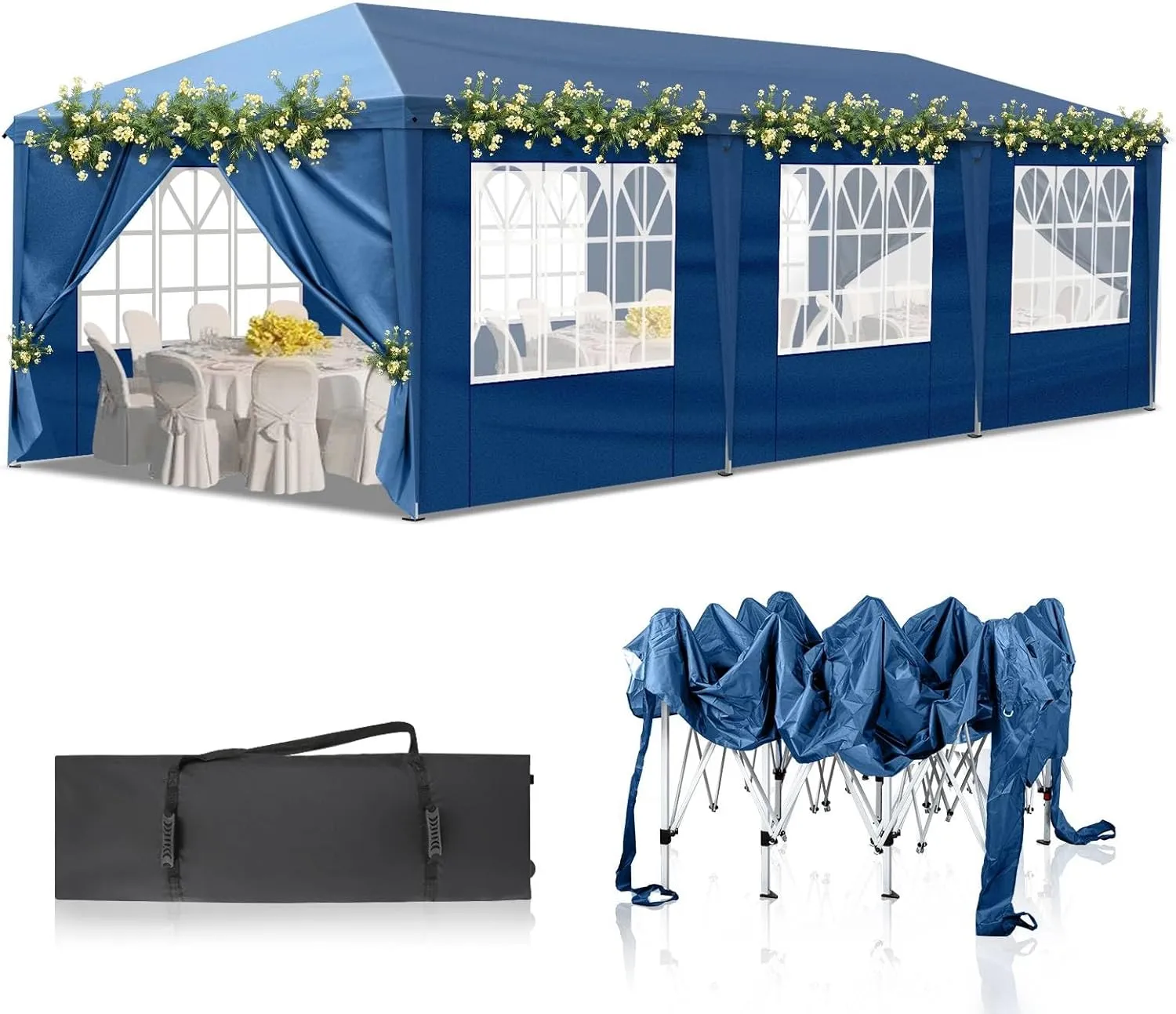 10'x30' Outdoor Pop Up Canopy Tent with 8 Sidewalls, Portable Sun Shade with Wheeled Carry Bag, Waterproof Shelter, Large Grill Gazebo, 3-Height Adjustable for Wedding Birthday Graduation (Blue)