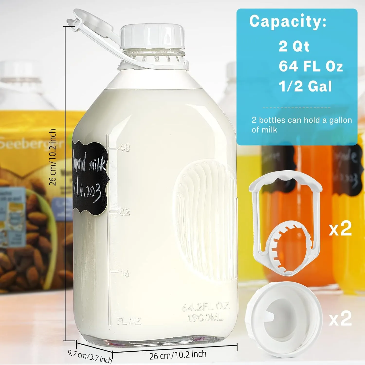 1/2 Gallon Heavy Duty Glass Milk Bottle with REUSABLE AIRTIGHT SCREW Lid - 2 Qt Glass Water Bottles - Glass Milk Jug Pitcher with 2 Exact Scale Lines, Milk Container for Refrigerator Storage
