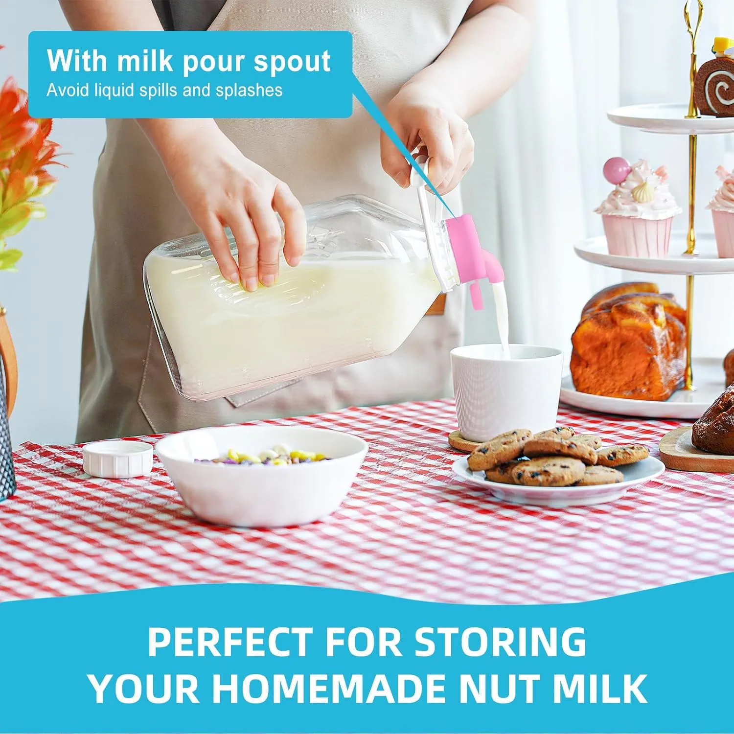 1/2 Gallon Heavy Duty Glass Milk Bottle with REUSABLE AIRTIGHT SCREW Lid - 2 Qt Glass Water Bottles - Glass Milk Jug Pitcher with 2 Exact Scale Lines, Milk Container for Refrigerator Storage