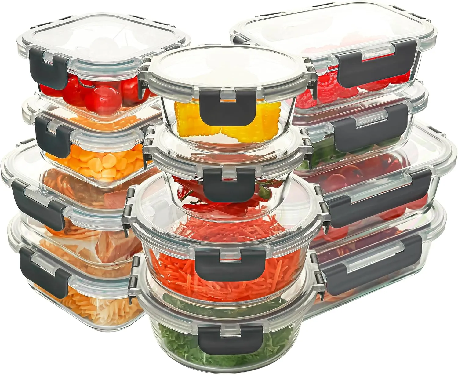 12 Pack Glass Food Storage Containers Set, Glass Meal Prep Containers with Lids, Airtight Lunch Containers, Dishwasher Safe, grey