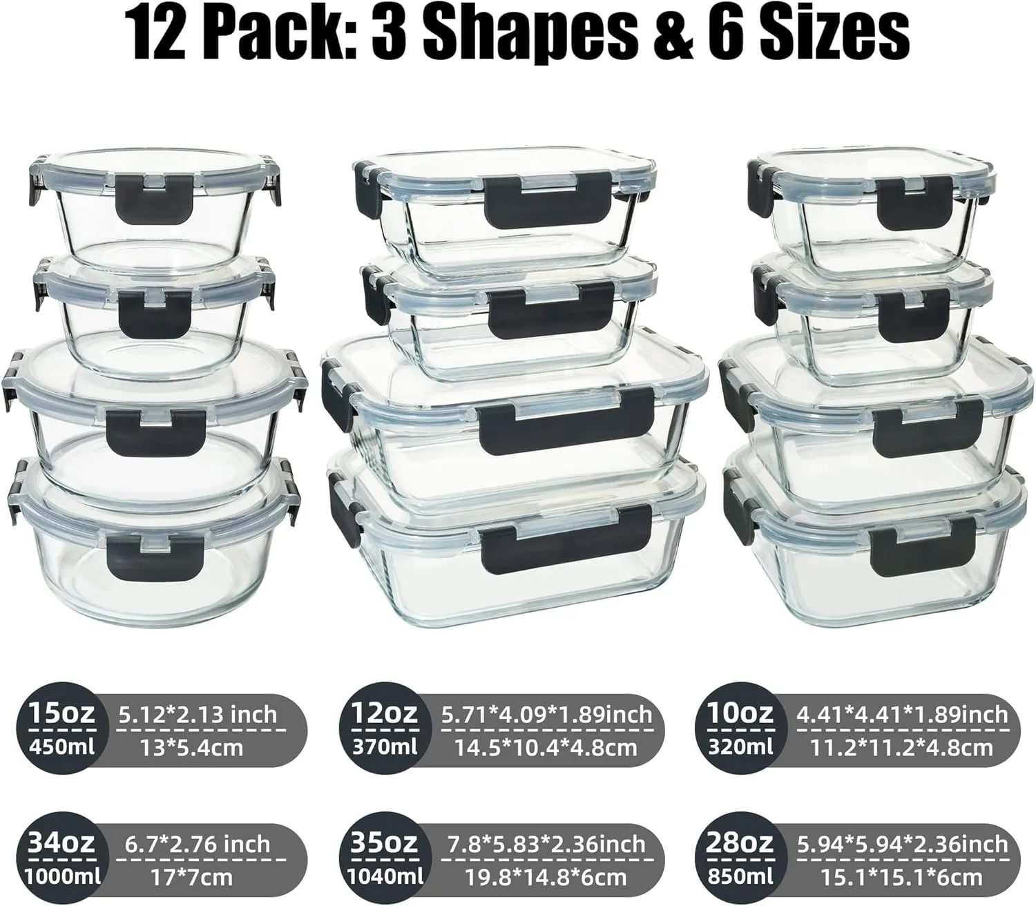 12 Pack Glass Food Storage Containers Set, Glass Meal Prep Containers with Lids, Airtight Lunch Containers, Dishwasher Safe, grey