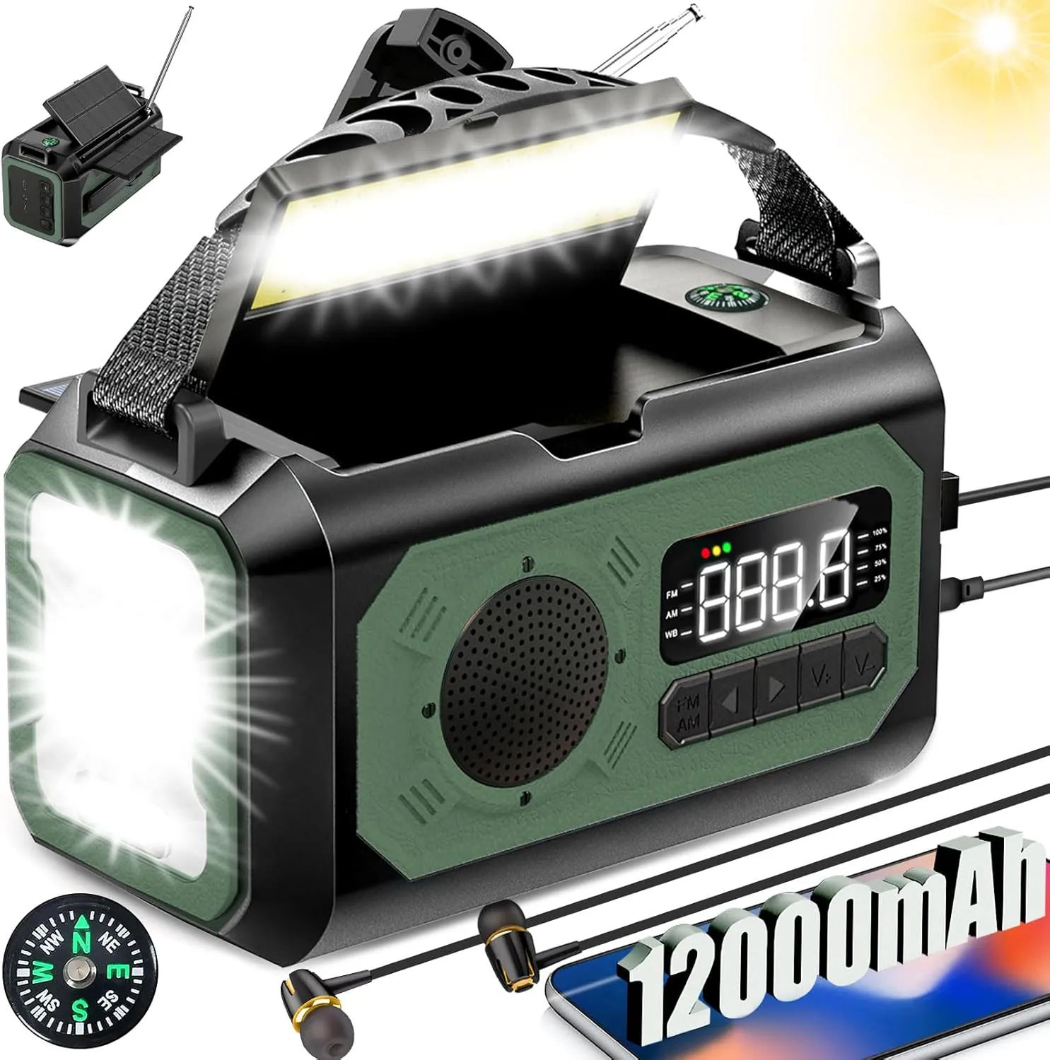 12000mAh Emergency Radio, Hand Crank Portable Solar Radio AM/FM/NOAA Weather Radio with 2 Solar Panels,3 Charging Methods,SOS Alarm,Flashlight,Phone Charger,Compass,Reading Lamp (Green)