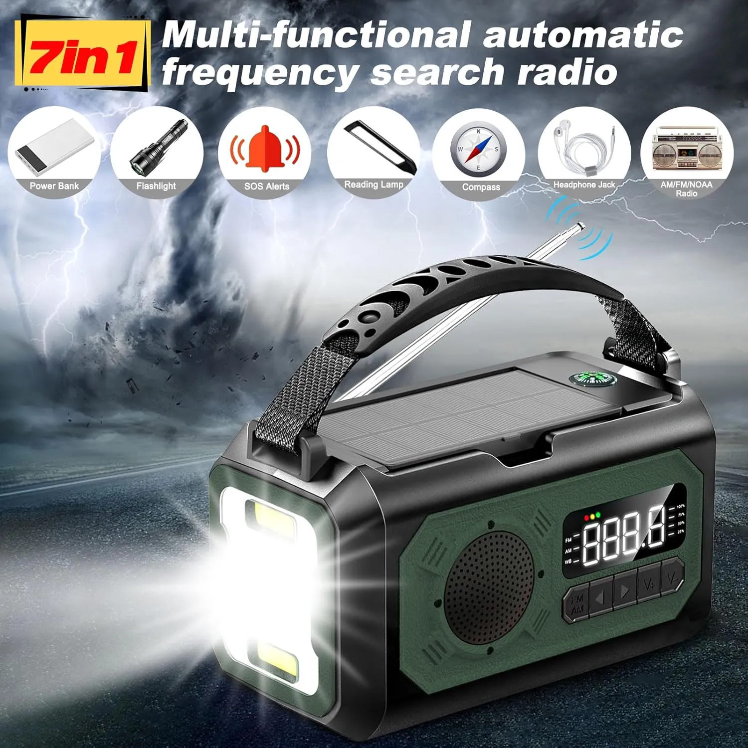 12000mAh Emergency Radio, Hand Crank Portable Solar Radio AM/FM/NOAA Weather Radio with 2 Solar Panels,3 Charging Methods,SOS Alarm,Flashlight,Phone Charger,Compass,Reading Lamp (Green)