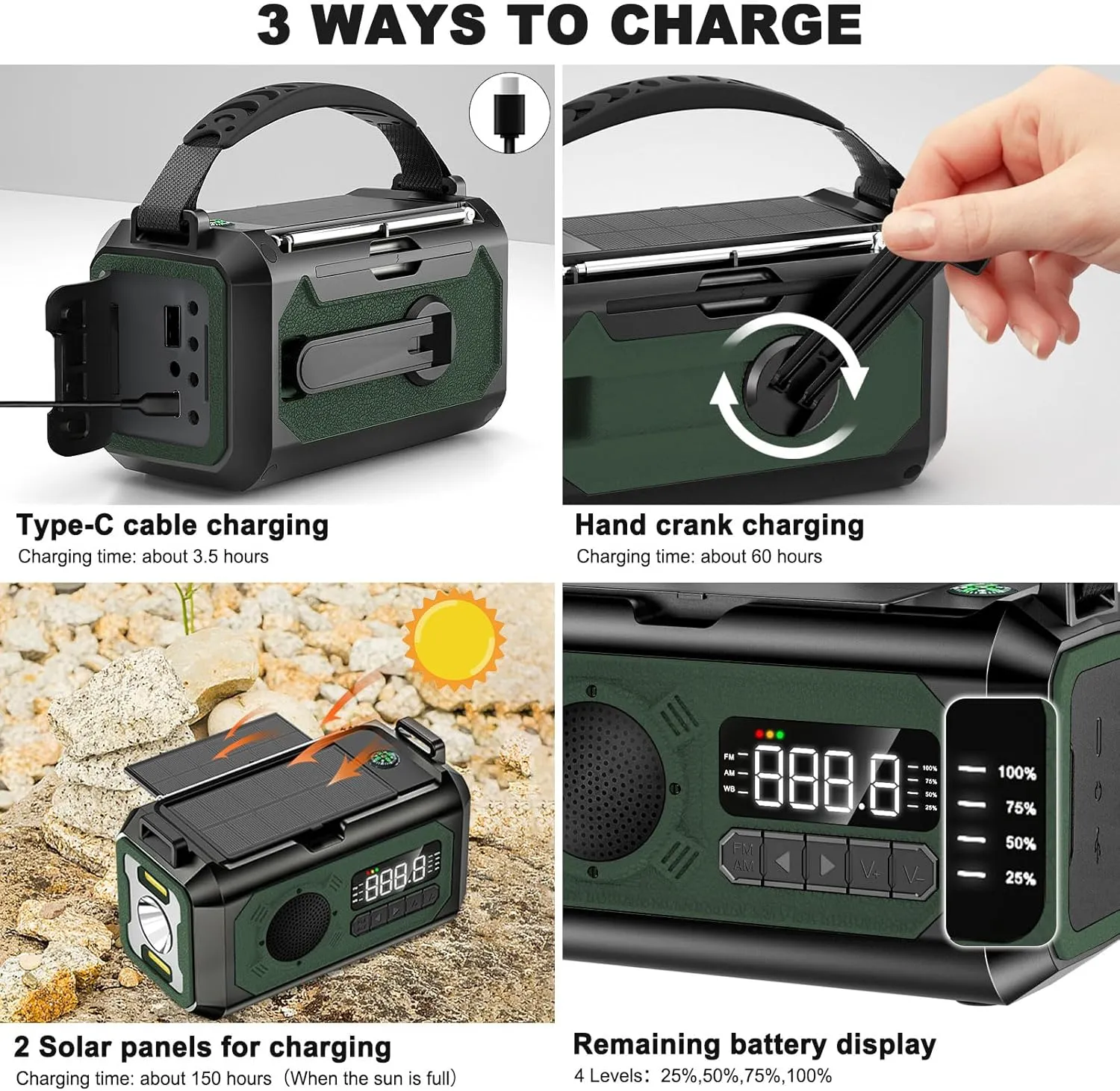 12000mAh Emergency Radio, Hand Crank Portable Solar Radio AM/FM/NOAA Weather Radio with 2 Solar Panels,3 Charging Methods,SOS Alarm,Flashlight,Phone Charger,Compass,Reading Lamp (Green)