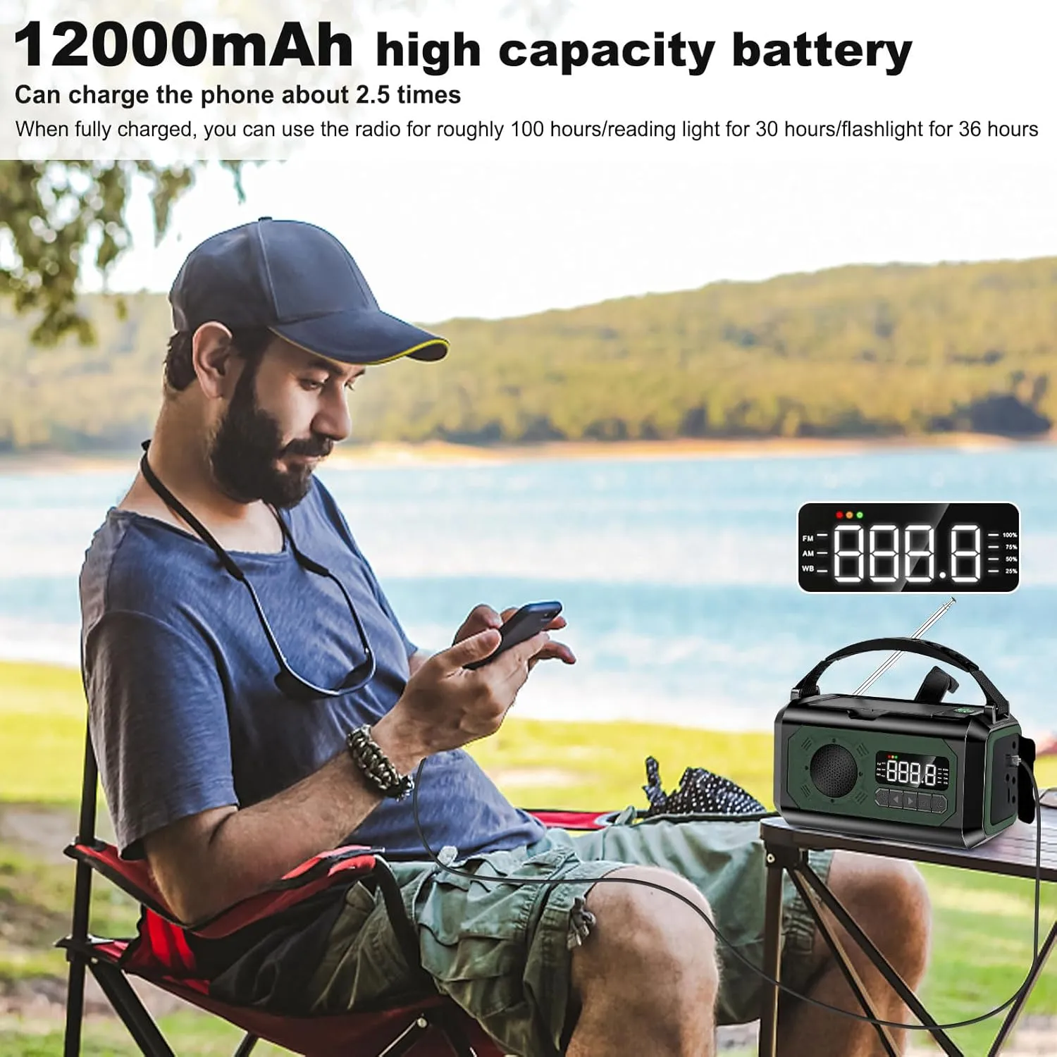 12000mAh Emergency Radio, Hand Crank Portable Solar Radio AM/FM/NOAA Weather Radio with 2 Solar Panels,3 Charging Methods,SOS Alarm,Flashlight,Phone Charger,Compass,Reading Lamp (Green)