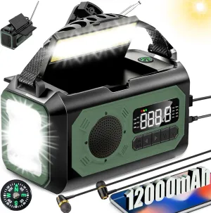 12000mAh Emergency Radio, Hand Crank Portable Solar Radio AM/FM/NOAA Weather Radio with 2 Solar Panels,3 Charging Methods,SOS Alarm,Flashlight,Phone Charger,Compass,Reading Lamp (Green)