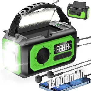 12000mAh Emergency Weather Radio, Hand Crank Radio Solar Radio Portable AM/FM/NOAA Radio with 2 Solar Panels 3 Charging Methods SOS Alarm 3 Mode Flashlight Phone Charger Compass Reading Lamp