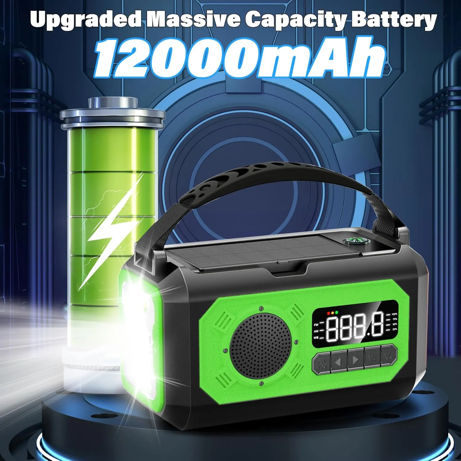 12000mAh Emergency Weather Radio, Hand Crank Solar Portable AM/FM/NOAA Radio with 2 Solar Panels 3 Charging Methods SOS Alarm 3 Mode Flashlight Phone Charger Compass Reading Lamp