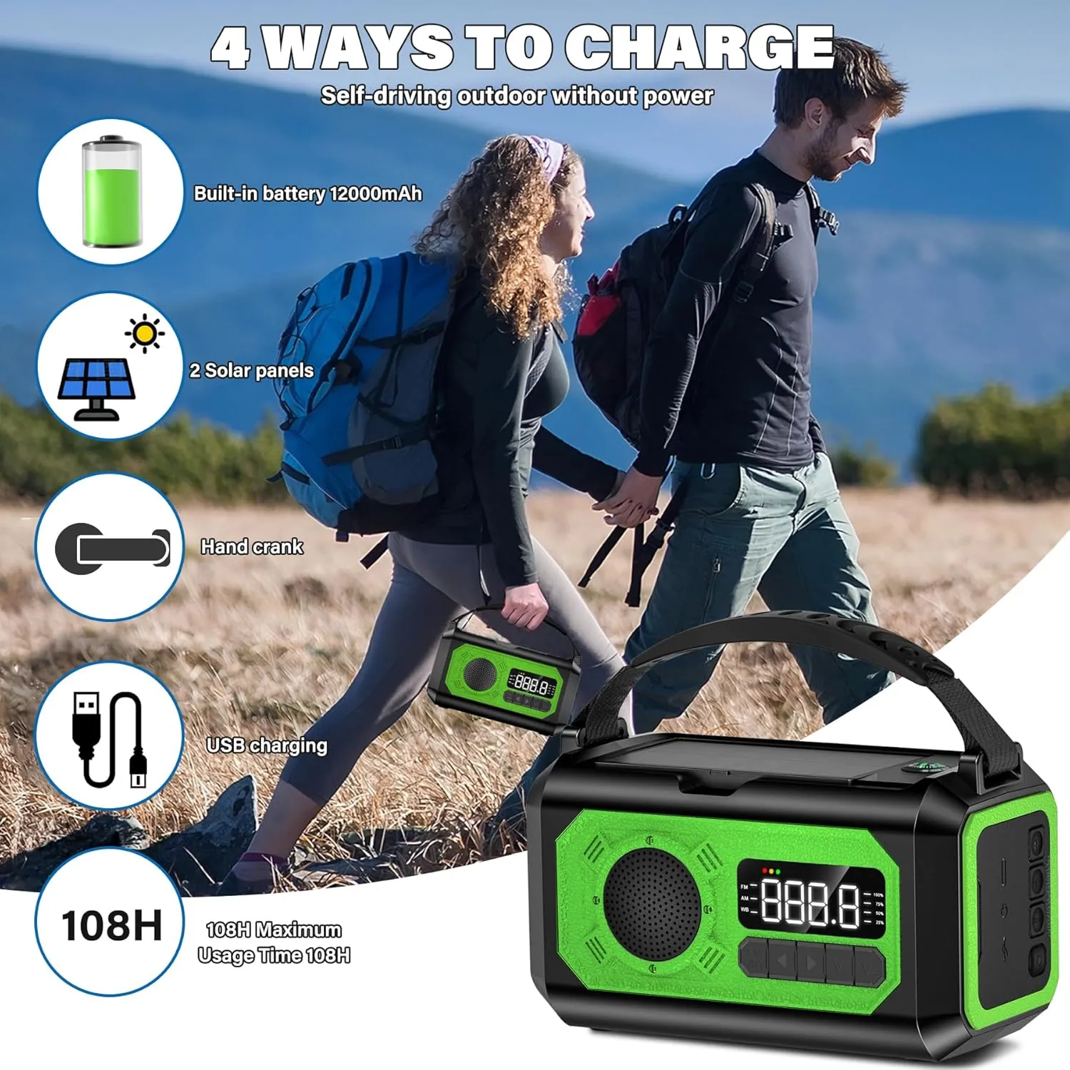 12000mAh Emergency Weather Radio, Hand Crank Solar Portable AM/FM/NOAA Radio with 2 Solar Panels 3 Charging Methods SOS Alarm 3 Mode Flashlight Phone Charger Compass Reading Lamp