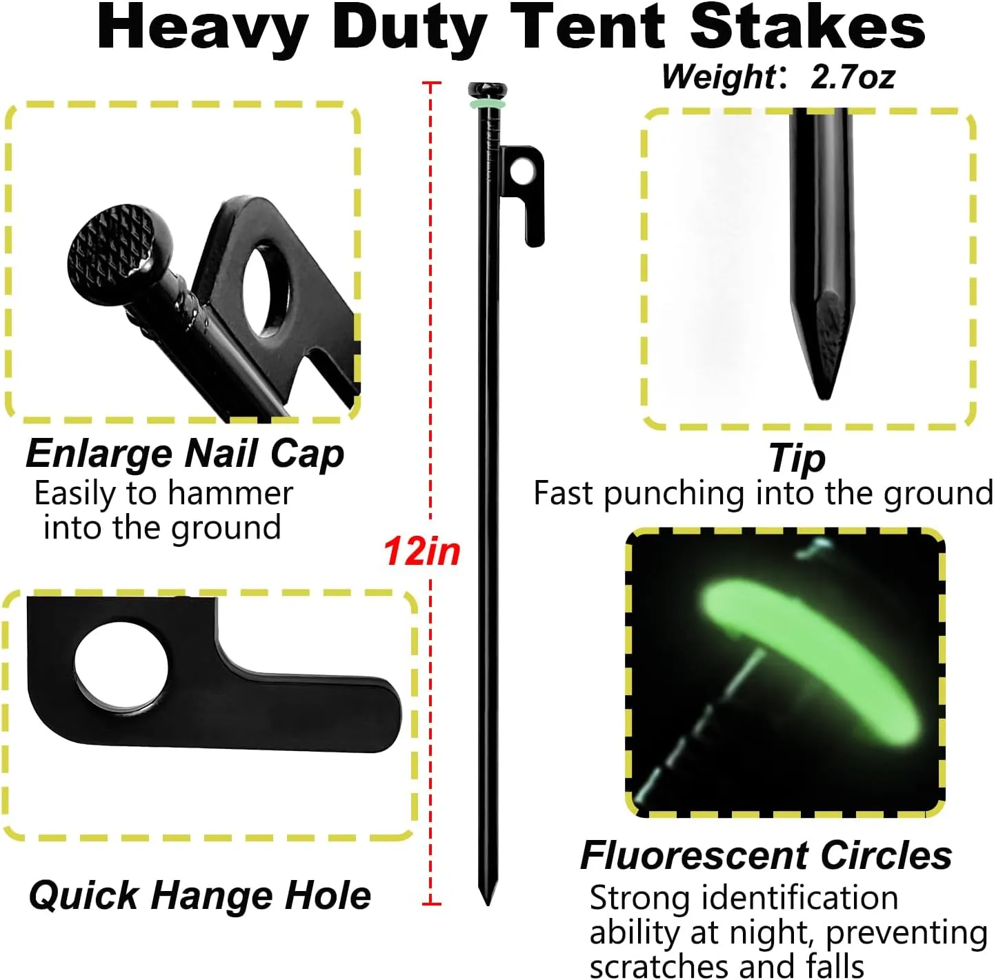 12Pcs Tent Stake with Hammer Set, 12in Tent Stakes Heavy Duty with 10.5in Camping Hammer, Storage Pouch, Forged Steel Tent Stakes for Camping Used on Rocks, Grassland(12Pcs 12in Stakes Hammer)