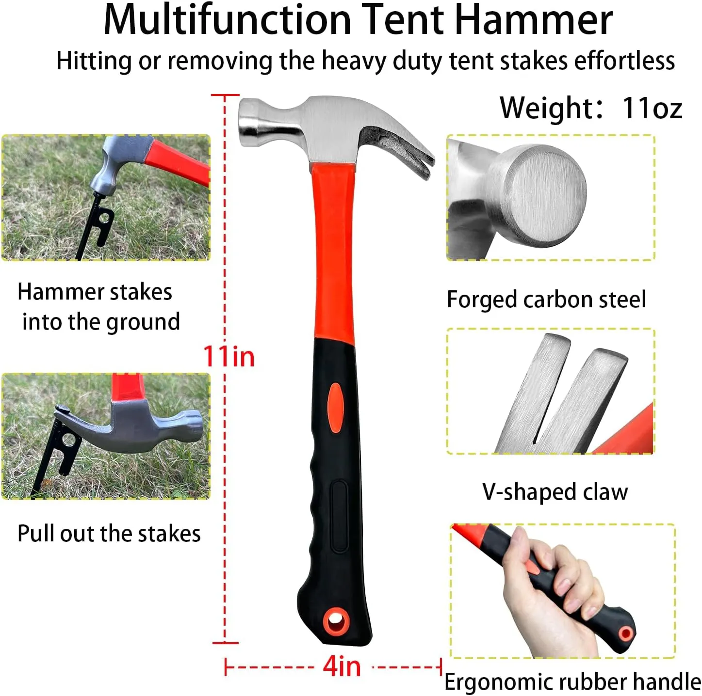 12Pcs Tent Stake with Hammer Set, 12in Tent Stakes Heavy Duty with 10.5in Camping Hammer, Storage Pouch, Forged Steel Tent Stakes for Camping Used on Rocks, Grassland(12Pcs 12in Stakes Hammer)