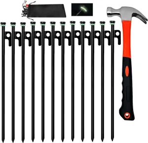12Pcs Tent Stake with Hammer Set, 12in Tent Stakes Heavy Duty with 10.5in Camping Hammer, Storage Pouch, Forged Steel Tent Stakes for Camping Used on Rocks, Grassland(12Pcs 12in Stakes Hammer)