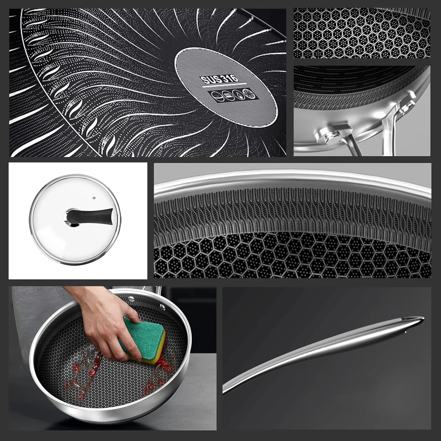 14" Honeycomb Non Stick Wok Pan Stainless Steel Stir-fry Wok with Lid,Skillet with Stay-cool Handle PFOA Free Suitable for Induction, Ceramic, Electric, and Gas Cooktops (Sliver, 14 Inches)