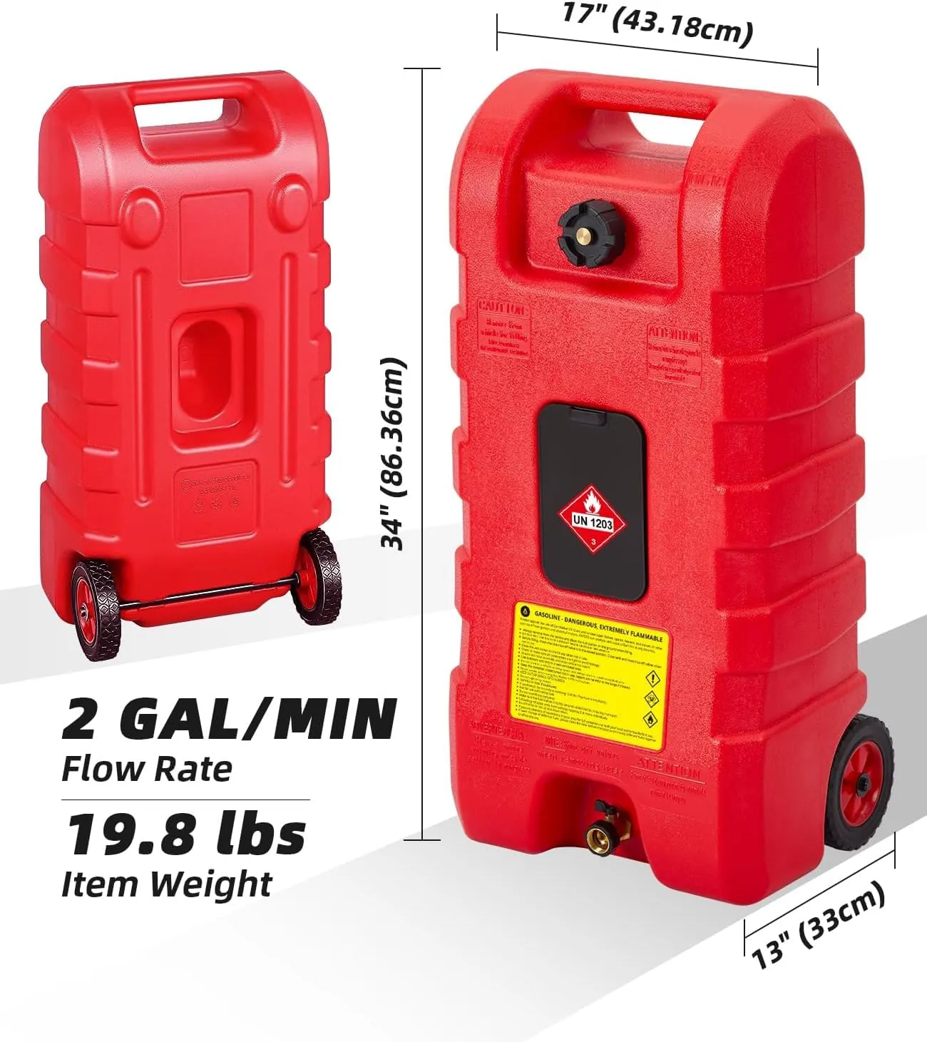 15 Gallon Gas Can, Heavy-Duty Fuel Tank with Manual Transfer Pump & 10FT Hose, Portable Gas Caddy with Wheels, Leak-Proof Gas Container for Lawn Mowers, Cars, Boats, ATVs, Red