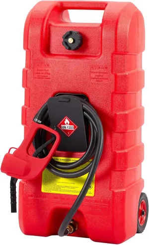 15 Gallon Gas Can, Heavy-Duty Fuel Tank with Manual Transfer Pump & 10FT Hose, Portable Gas Caddy with Wheels, Leak-Proof Gas Container for Lawn Mowers, Cars, Boats, ATVs, Red