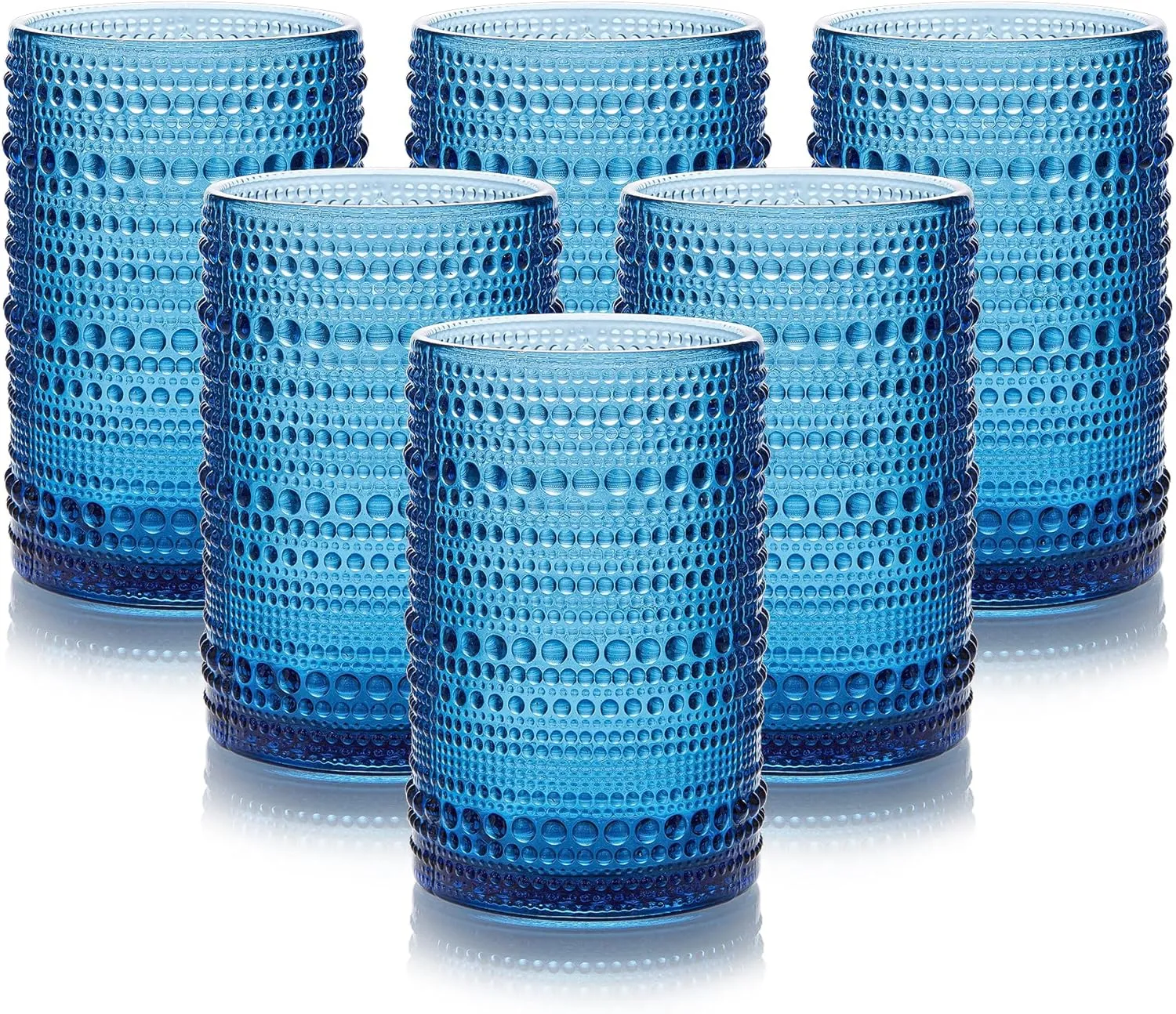 15 oz Blue Hobnail Drinking Glasses with Straws Set of 6, Vintage Glassware Old Fashioned Beverage Glasses, Cocktail Glass Set, Kitchen Water Glasses Cup, for Beer, Smoothie, Juice