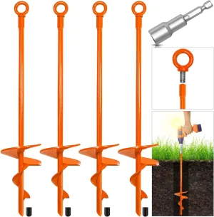15" Upgraded Earth Ground Anchor,4 Pack Spiral Earth Anchors for Trampoline,Shed Anchor Swing Set for High Winds,Heavy Duty Earth Anchors for Tents,Canopies,Adapter Included