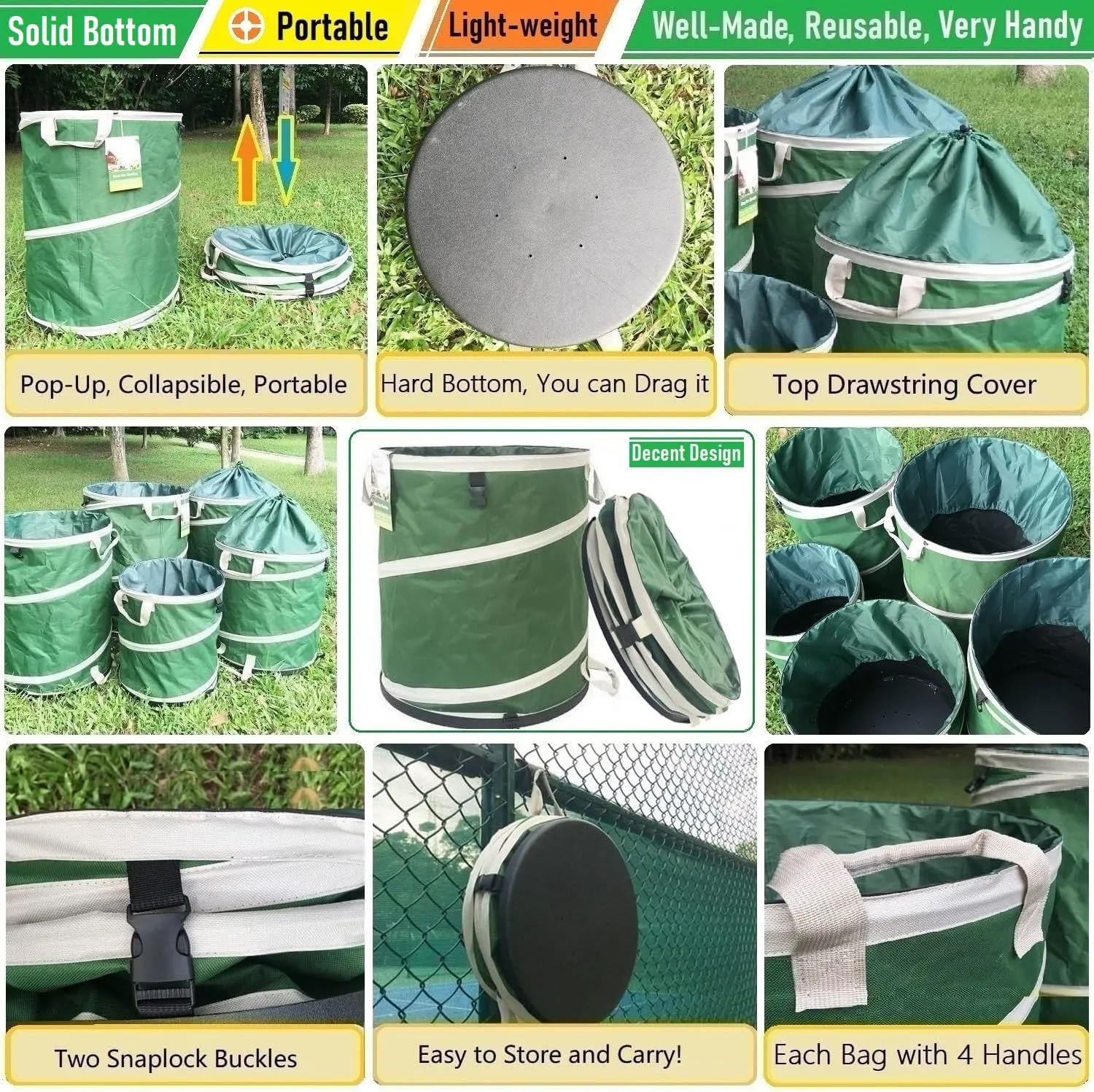 16-Gallon Collapsible Trash Can (16x19in) Hard-Shell Bottom Yard Garden Bag for Pop-Up Trash Can,Recycling Bin,Yard Waste Container,RV Camping Waste Bin,Laundry Hamper,Lawn Grass,Leaf Bag,Weeds Barrel