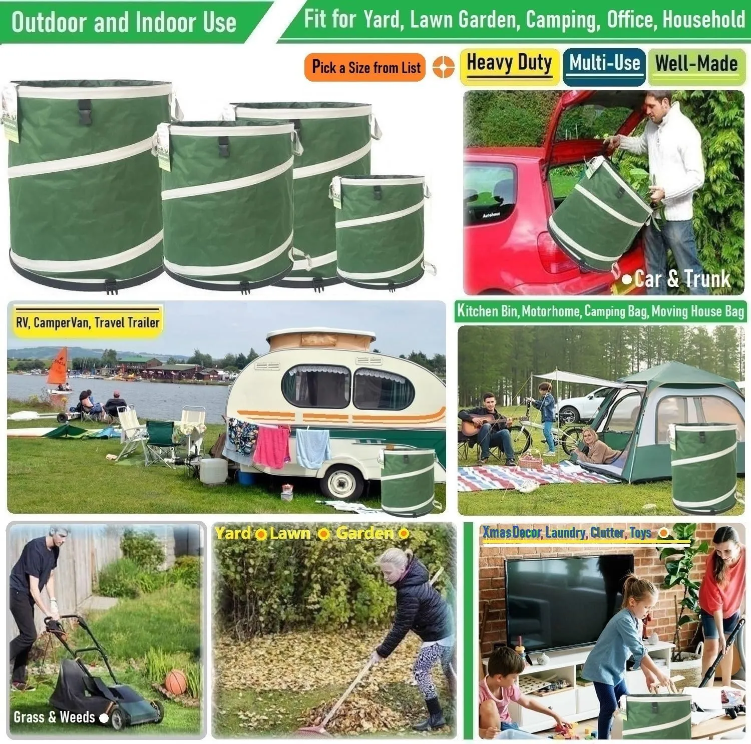 16-Gallon Collapsible Trash Can (16x19in) Hard-Shell Bottom Yard Garden Bag for Pop-Up Trash Can,Recycling Bin,Yard Waste Container,RV Camping Waste Bin,Laundry Hamper,Lawn Grass,Leaf Bag,Weeds Barrel