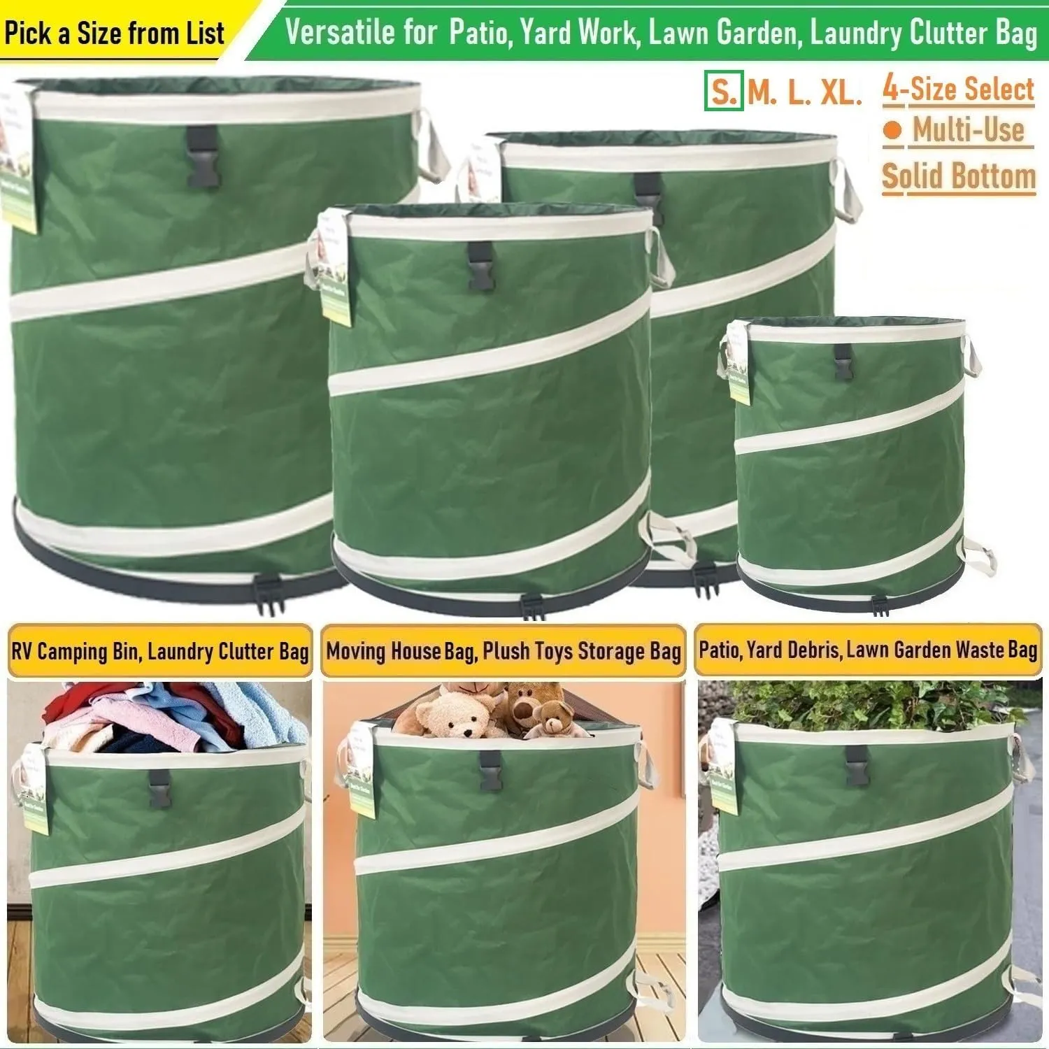 16-Gallon Collapsible Trash Can (16x19in) Hard-Shell Bottom Yard Garden Bag for Pop-Up Trash Can,Recycling Bin,Yard Waste Container,RV Camping Waste Bin,Laundry Hamper,Lawn Grass,Leaf Bag,Weeds Barrel
