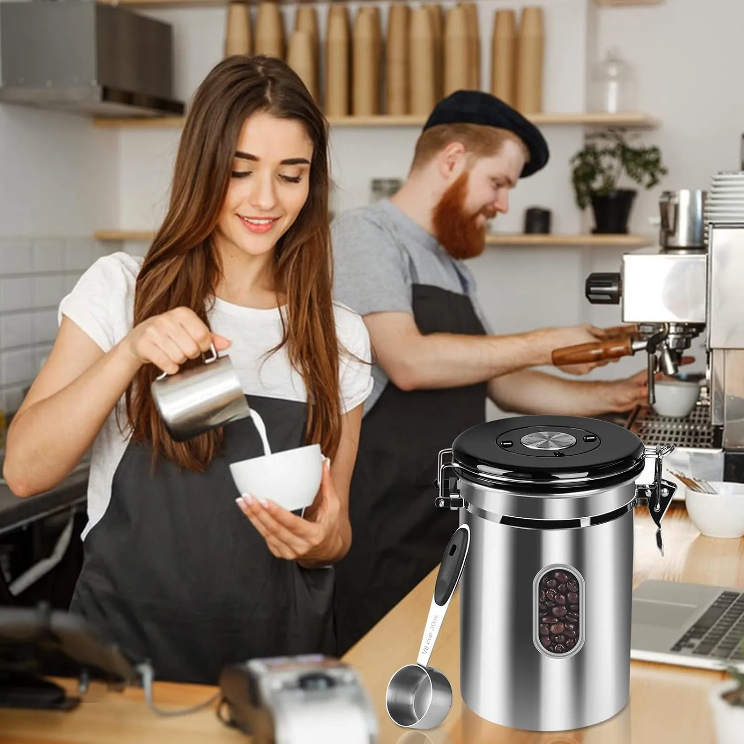 1800ML Airtight Coffee Canister with Date Tracker&Transparent Window, 22.8OZ Coffe Beans Storage with 30ML Measure Spoon&4 co2 Valve, Coffee Container for Grounds Coffee, Beans, Tea, Sugar(Silver)
