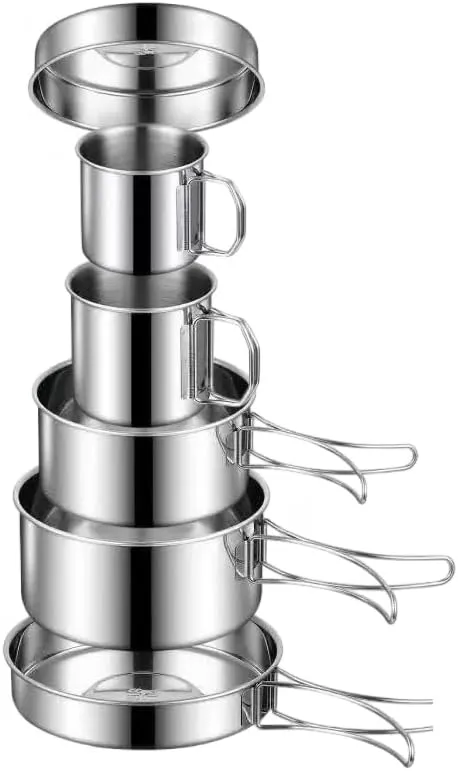 18/8 Stainless Steel Camping Cook Pot Set of 6 pcs, Camping Messware Kit, Camping Cooking Set, Backpacking Camping Cookware, Picnic Camping Cooking Mess Kit