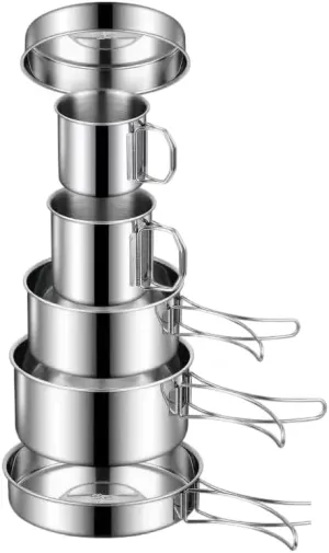 18/8 Stainless Steel Camping Cook Pot Set of 6 pcs, Camping Messware Kit, Camping Cooking Set, Backpacking Camping Cookware, Picnic Camping Cooking Mess Kit