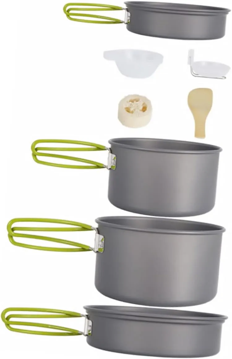 1set Portable Outdoor Non-Stick Cooking for Camping and Fishing Includes Pan Frying Pan Bowls Spoon Spatula Loofah for Hiking and Picnics