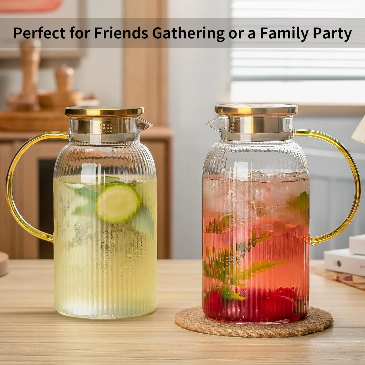 2 PACK Glass Pitcher with Lid, 68 oz/ 2 Liter Classic Vertical Stripes Water Pitcher,Glass Water Carafe for Cold Brew, Coffee, Lemonade, Iced Sun Tea,Beverage, Milk, Heat Resistant