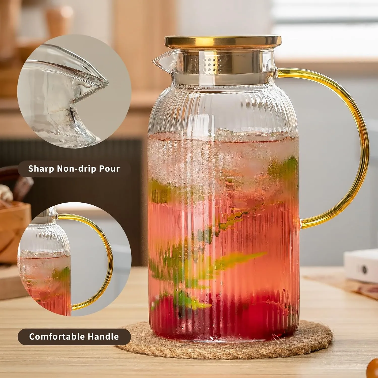 2 PACK Glass Pitcher with Lid, 68 oz/ 2 Liter Classic Vertical Stripes Water Pitcher,Glass Water Carafe for Cold Brew, Coffee, Lemonade, Iced Sun Tea,Beverage, Milk, Heat Resistant