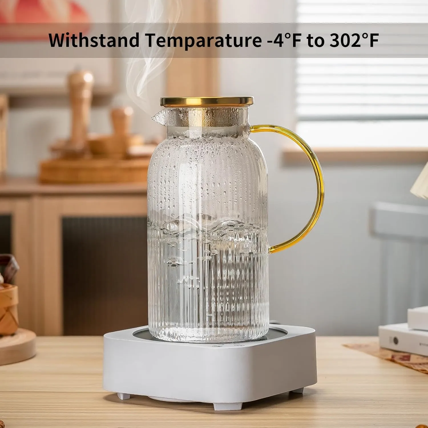 2 PACK Glass Pitcher with Lid, 68 oz/ 2 Liter Classic Vertical Stripes Water Pitcher,Glass Water Carafe for Cold Brew, Coffee, Lemonade, Iced Sun Tea,Beverage, Milk, Heat Resistant