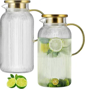 2 PACK Glass Pitcher with Lid, 68 oz/ 2 Liter Classic Vertical Stripes Water Pitcher,Glass Water Carafe for Cold Brew, Coffee, Lemonade, Iced Sun Tea,Beverage, Milk, Heat Resistant