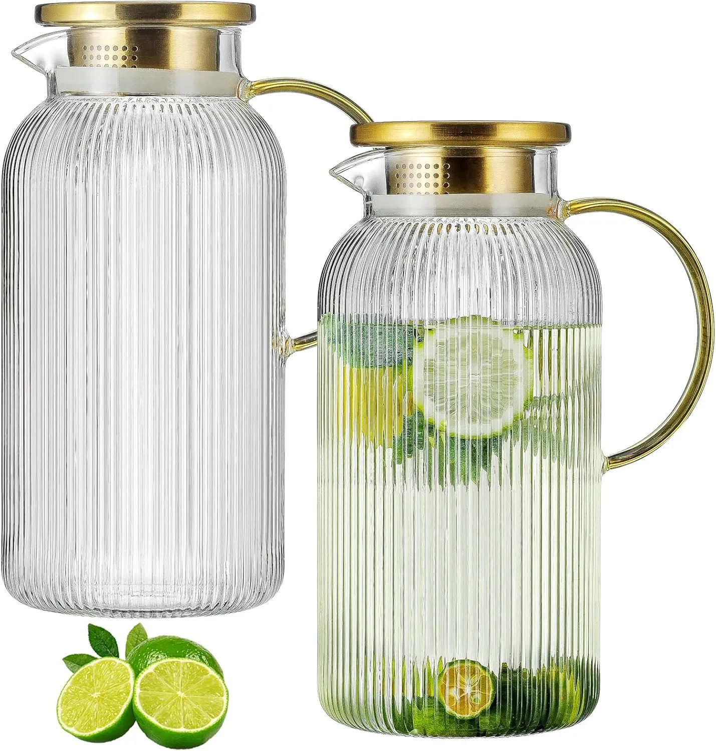 2 PACK Glass Pitcher with Lid, 68 oz/ 2 Liter Classic Vertical Stripes Water Pitcher,Glass Water Carafe for Cold Brew, Coffee, Lemonade, Iced Sun Tea,Beverage, Milk, Heat Resistant