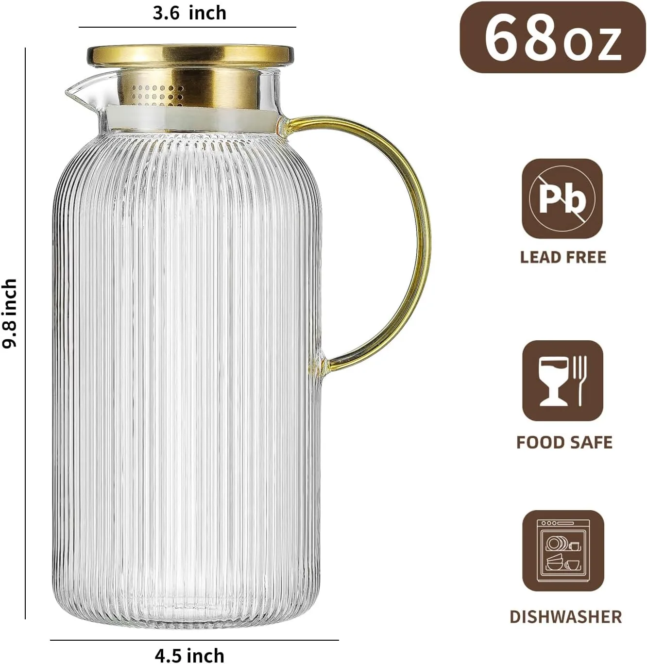 2 PACK Glass Pitcher with Lid, 68 oz/ 2 Liter Classic Vertical Stripes Water Pitcher,Glass Water Carafe for Cold Brew, Coffee, Lemonade, Iced Sun Tea,Beverage, Milk, Heat Resistant