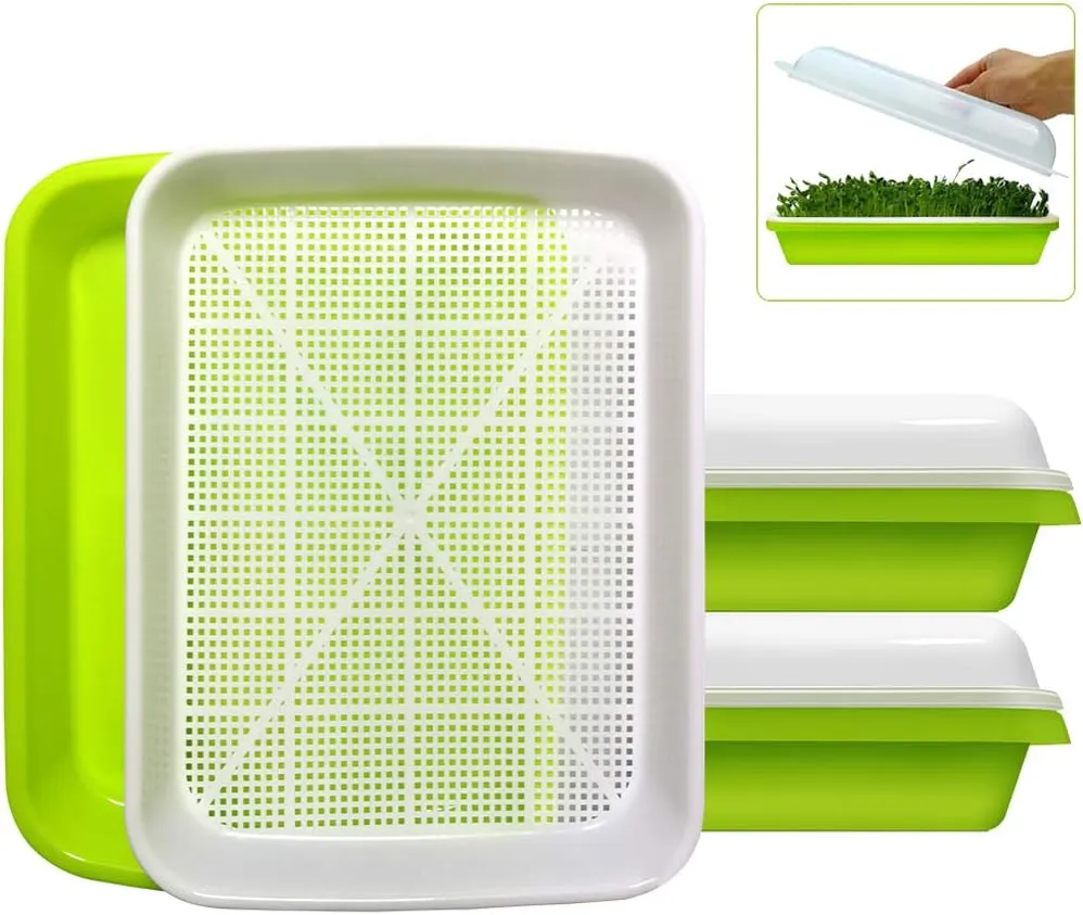 2-Pack Seed Sprouter Tray BPA Free PP Soil-Free Big Capacity Healthy Wheatgrass Grower Sprouting Container Kit with Lid (2, Green)
