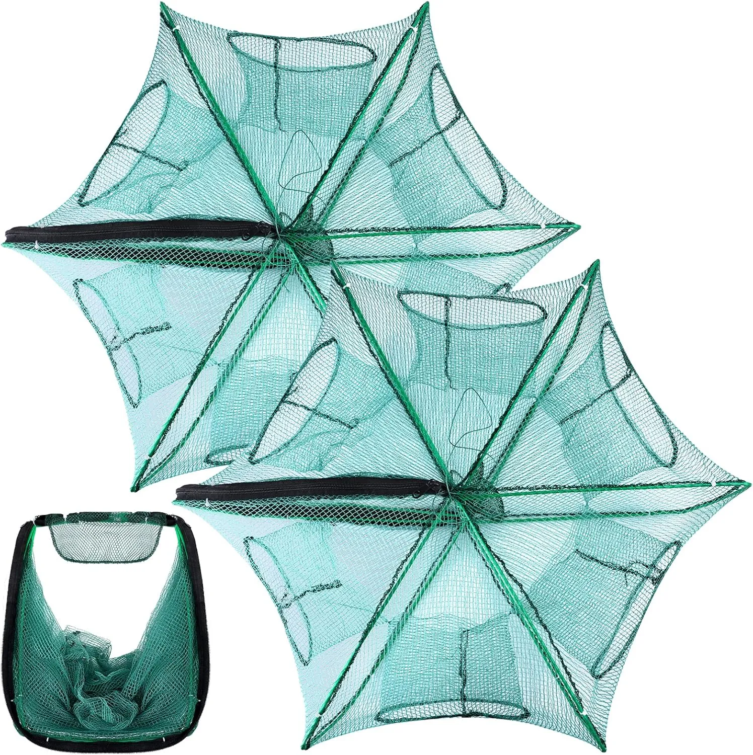 2 Pcs Foldable Fishing Trap Collapsible Hexagon 6 Hole Fishing Bait Trap Portable Minnow Crayfish Crab Crawdad Shrimp Net Cage Accessories