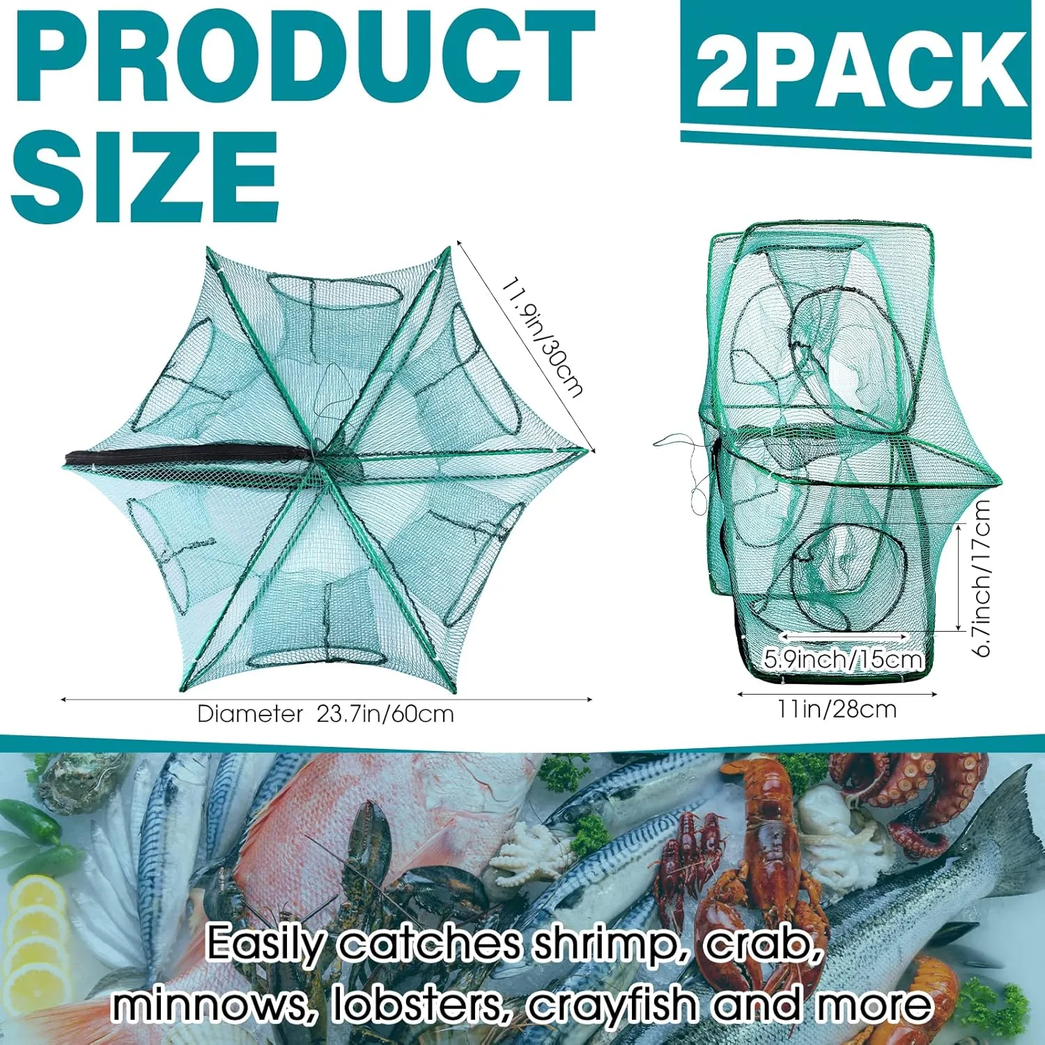 2 Pcs Foldable Fishing Trap Collapsible Hexagon 6 Hole Fishing Bait Trap Portable Minnow Crayfish Crab Crawdad Shrimp Net Cage Accessories