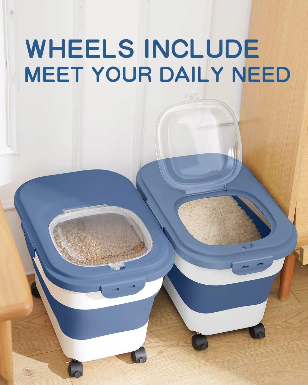 20-23 Lbs Dog Food Storage Container - Collapsible Dog Food Container with Wheels Airtight Lids, Scoop and Silicone Bowl, Pet Food Storage Dry Food For Dog, Cats and Other Pet (Blue)