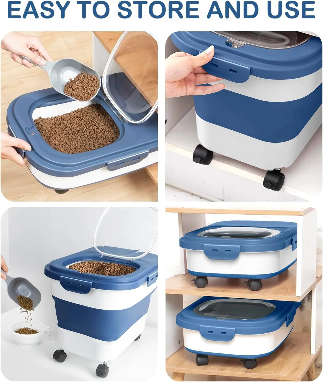 20-23 Lbs Dog Food Storage Container - Collapsible Dog Food Container with Wheels Airtight Lids, Scoop and Silicone Bowl, Pet Food Storage Dry Food For Dog, Cats and Other Pet (Blue)