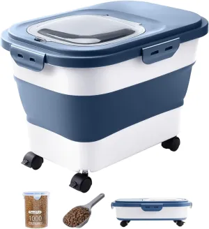 20-23 Lbs Dog Food Storage Container - Collapsible Dog Food Container with Wheels Airtight Lids, Scoop and Silicone Bowl, Pet Food Storage Dry Food For Dog, Cats and Other Pet (Blue)