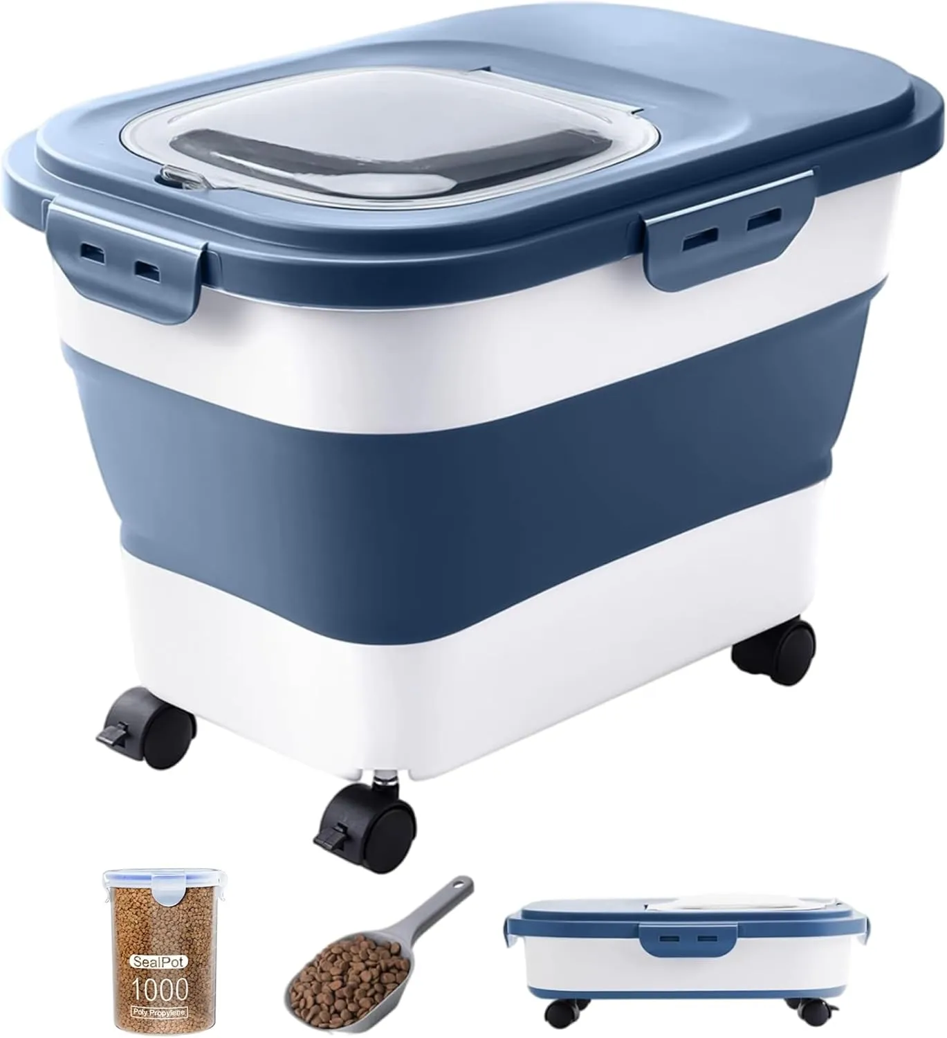 20-23 Lbs Dog Food Storage Container - Collapsible Dog Food Container with Wheels Airtight Lids, Scoop and Silicone Bowl, Pet Food Storage Dry Food For Dog, Cats and Other Pet (Blue)