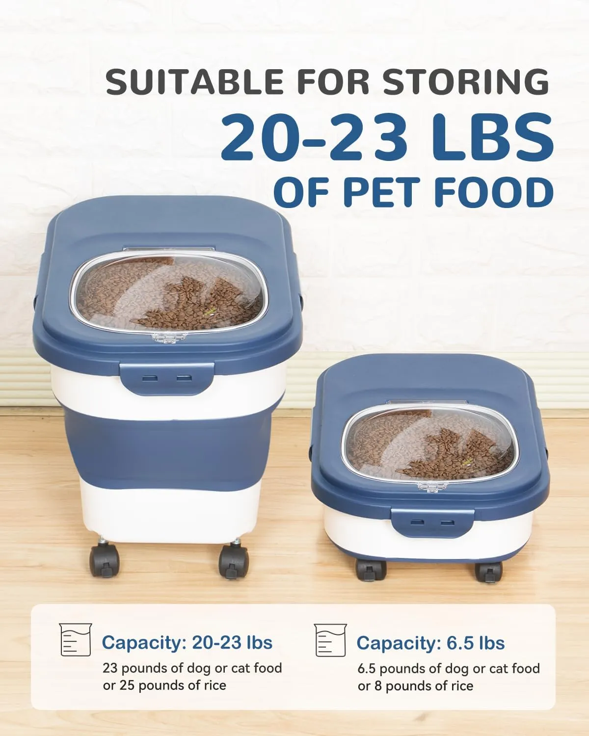 20-23 Lbs Dog Food Storage Container - Collapsible Dog Food Container with Wheels Airtight Lids, Scoop and Silicone Bowl, Pet Food Storage Dry Food For Dog, Cats and Other Pet (Blue)