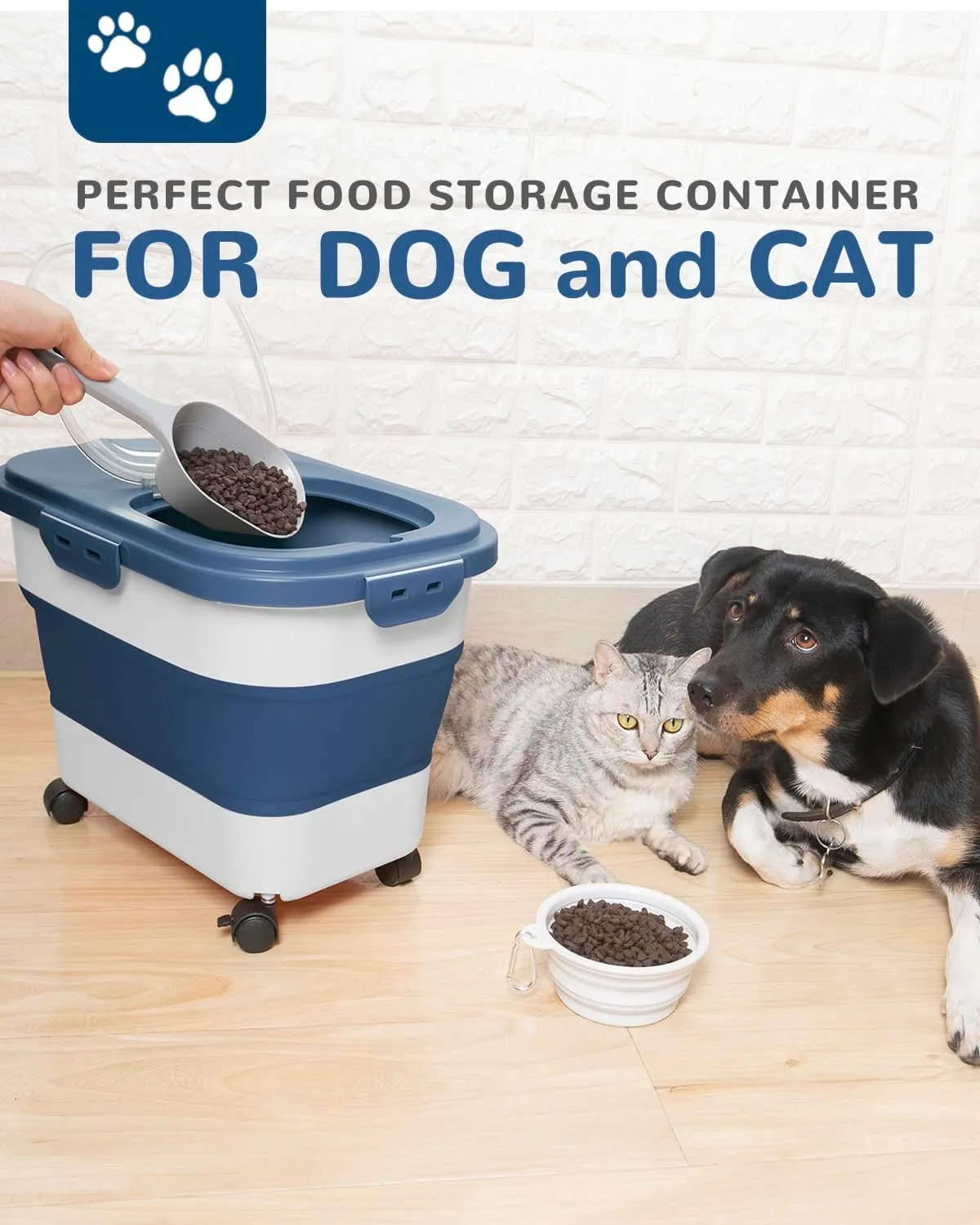 20-23 Lbs Dog Food Storage Container - Collapsible Dog Food Container with Wheels Airtight Lids, Scoop and Silicone Bowl, Pet Food Storage Dry Food For Dog, Cats and Other Pet (Blue)