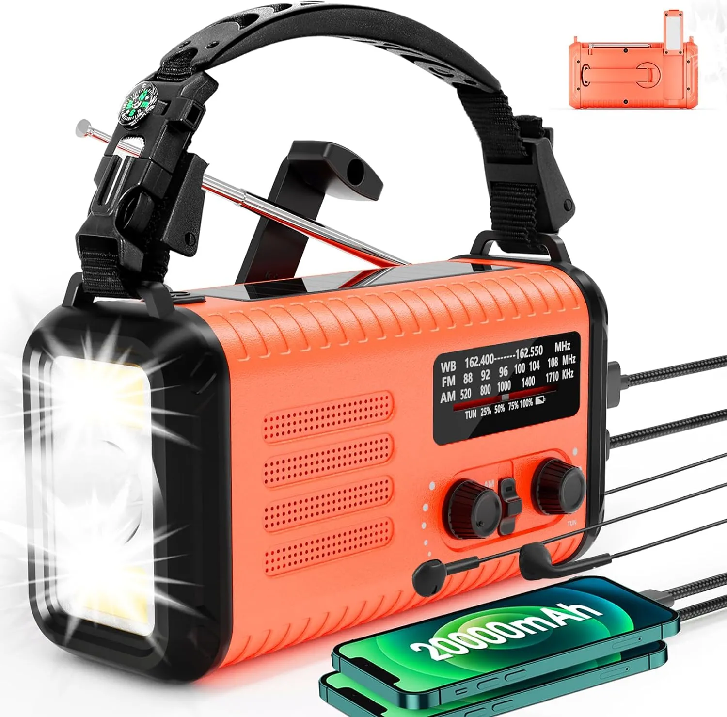 20000mAh Emergency Radio, Weather Radio Portable AM/FM/NOAA with Battery Backup, Hand Crank Radio Solar Radios, Flashlight Light, Headphone Jack, SOS Alarm for Outdoor Camping