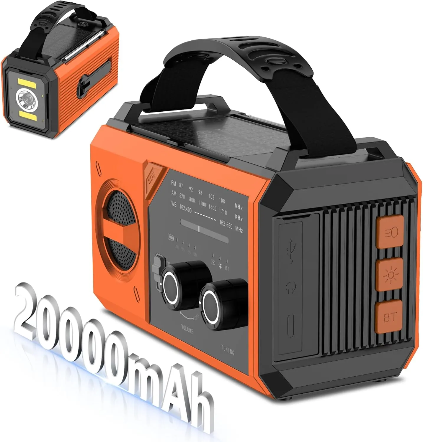 20000mAh Emergency Weather Radio, Hand Crank Solar Portable AM/FM/NOAA Radio with Wireless Speaker Solar Panels 3 Charging Methods 3 Mode Flashlight Phone Charger Compass Reading Lamp