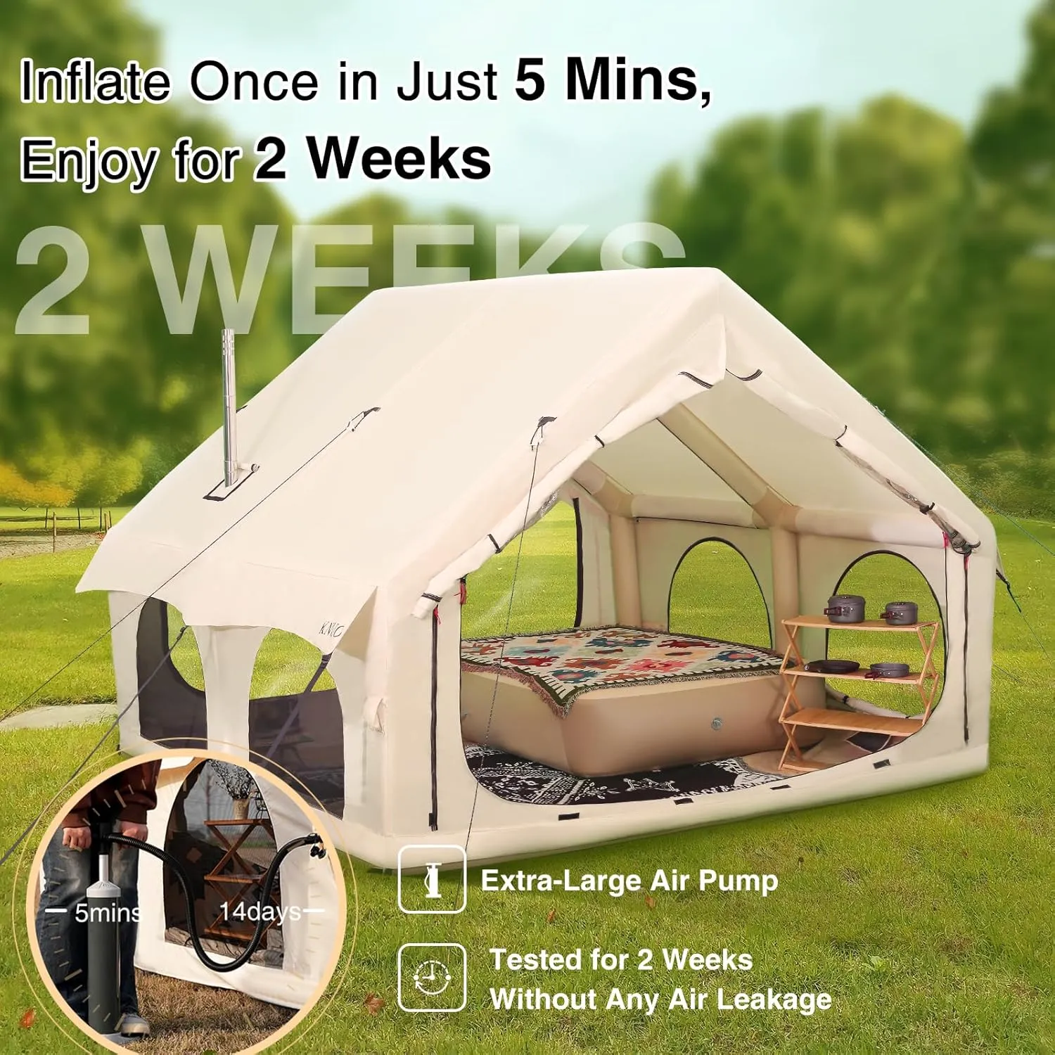 2025 Upgraded 100% Waterproof Inflatable Camping Tent, Large Blow-Up Air Tent, No Assembly Needed Luxury Glamping House, Oxford Fabric